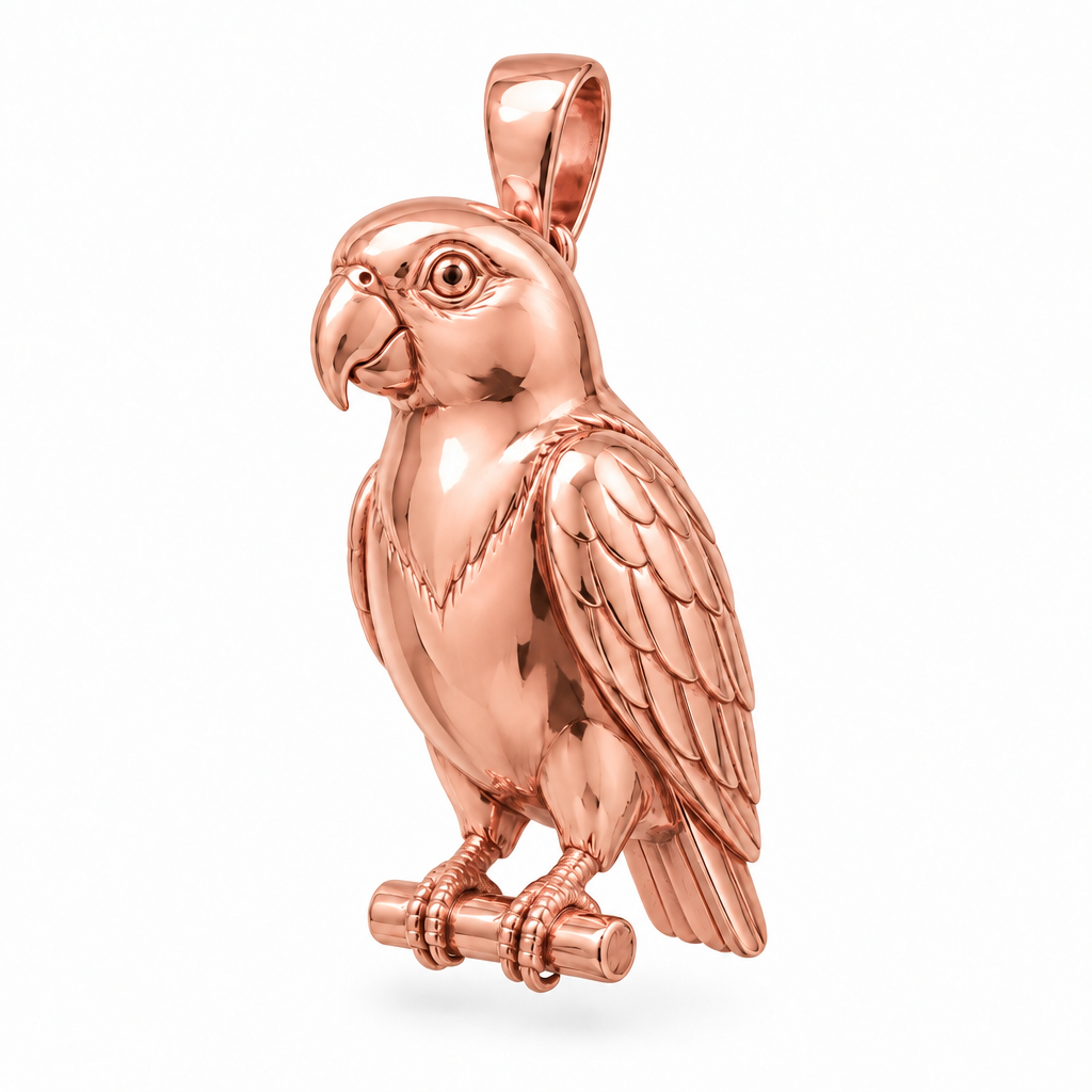 Senegal parrot pendant design render in high-polish rose gold on white; pendant only.