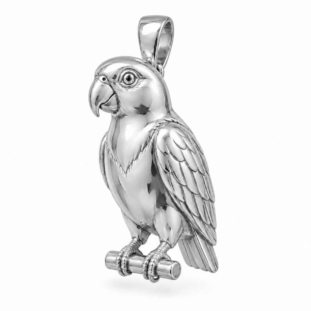 Senegal parrot pendant design render in high-polish white gold on white; pendant only.