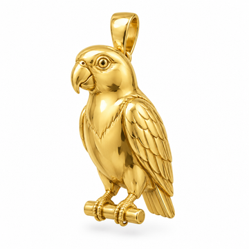 Senegal parrot pendant design render in high-polish yellow gold on white; pendant only.