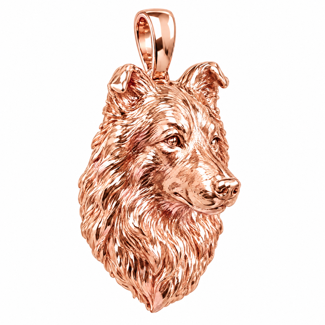 Shetland Sheepdog high-polish rose gold dog pendant, product render on white.