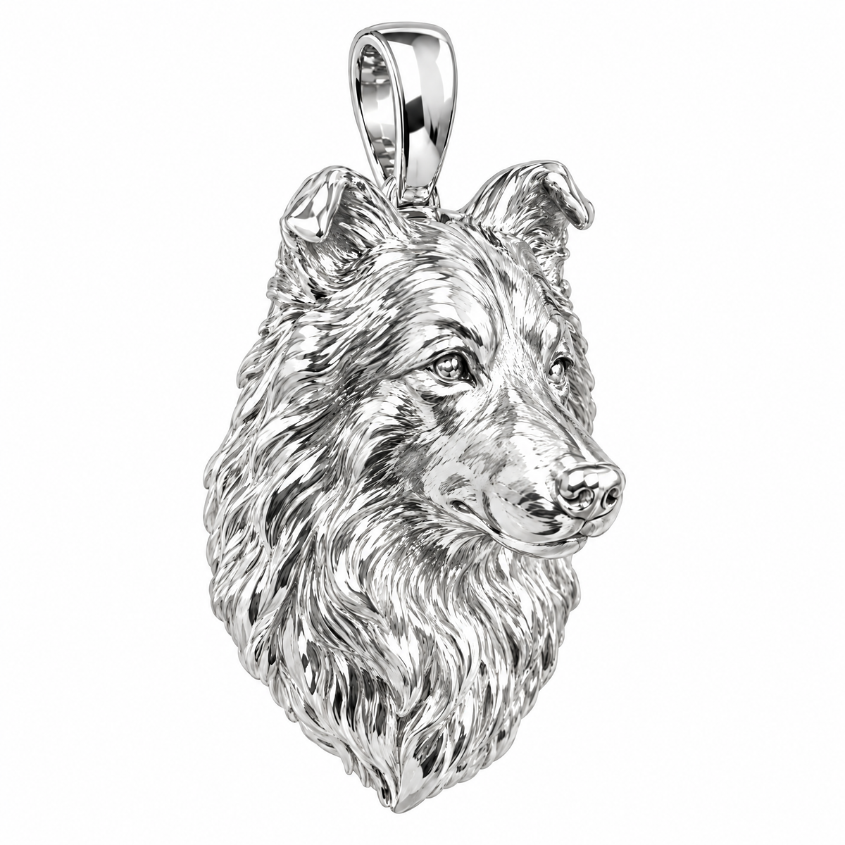 Shetland Sheepdog high-polish white gold dog pendant, product render on white.