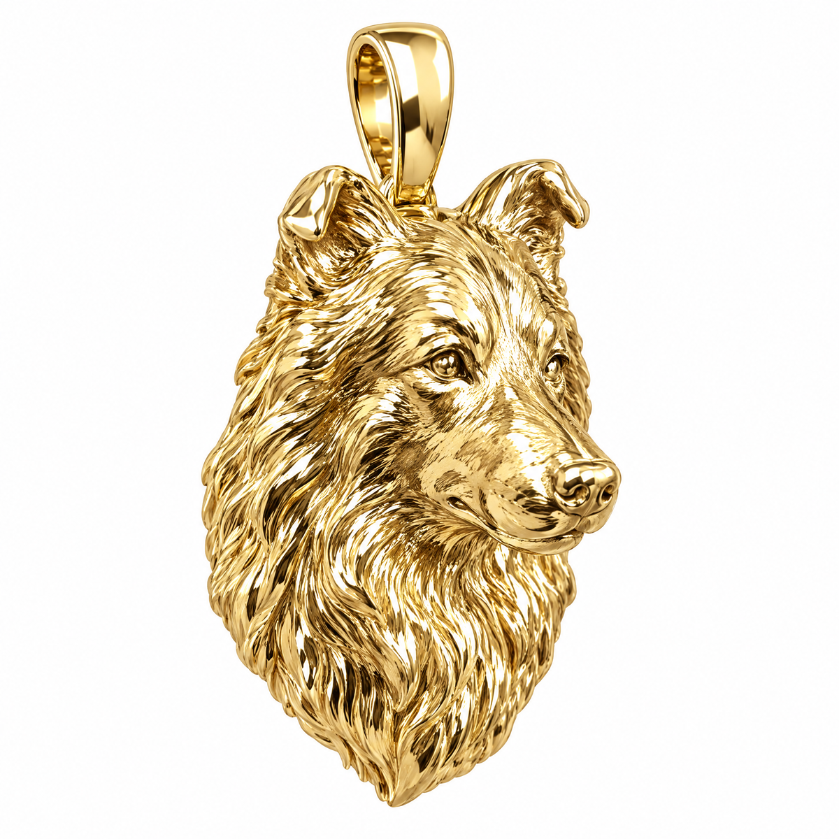 Shetland Sheepdog high-polish yellow gold dog pendant, product render on white.