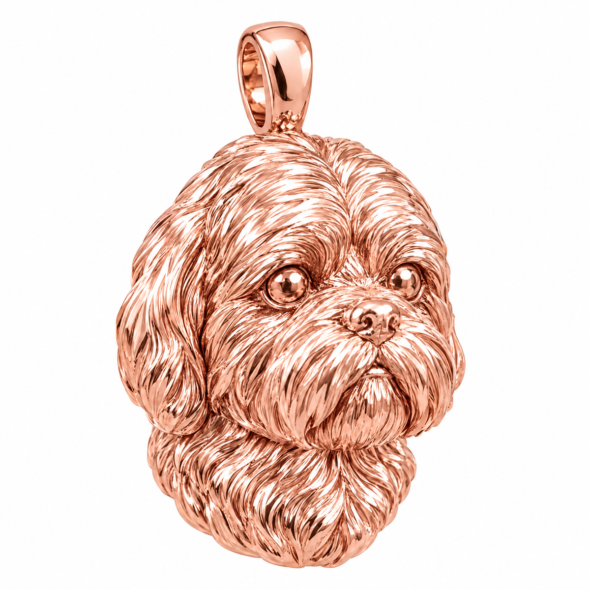 Shih Tzu high-polish rose gold dog pendant, product render on white.