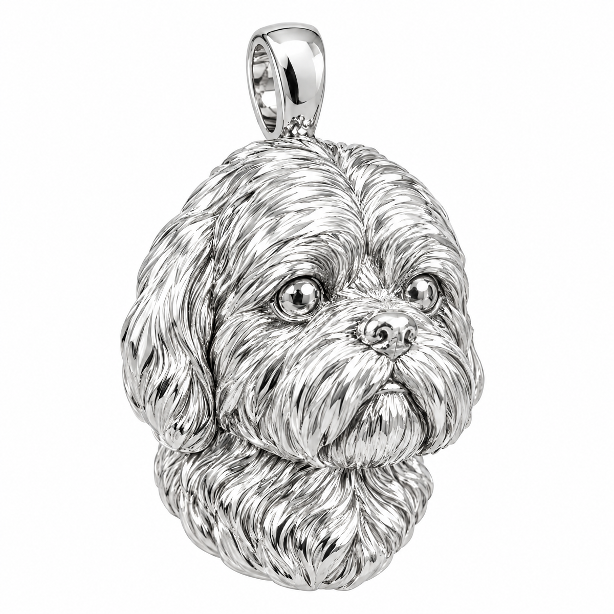 Shih Tzu high-polish white gold dog pendant, product render on white.