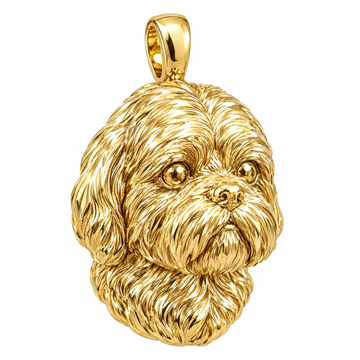 Shih Tzu high-polish yellow gold dog pendant, product render on white.