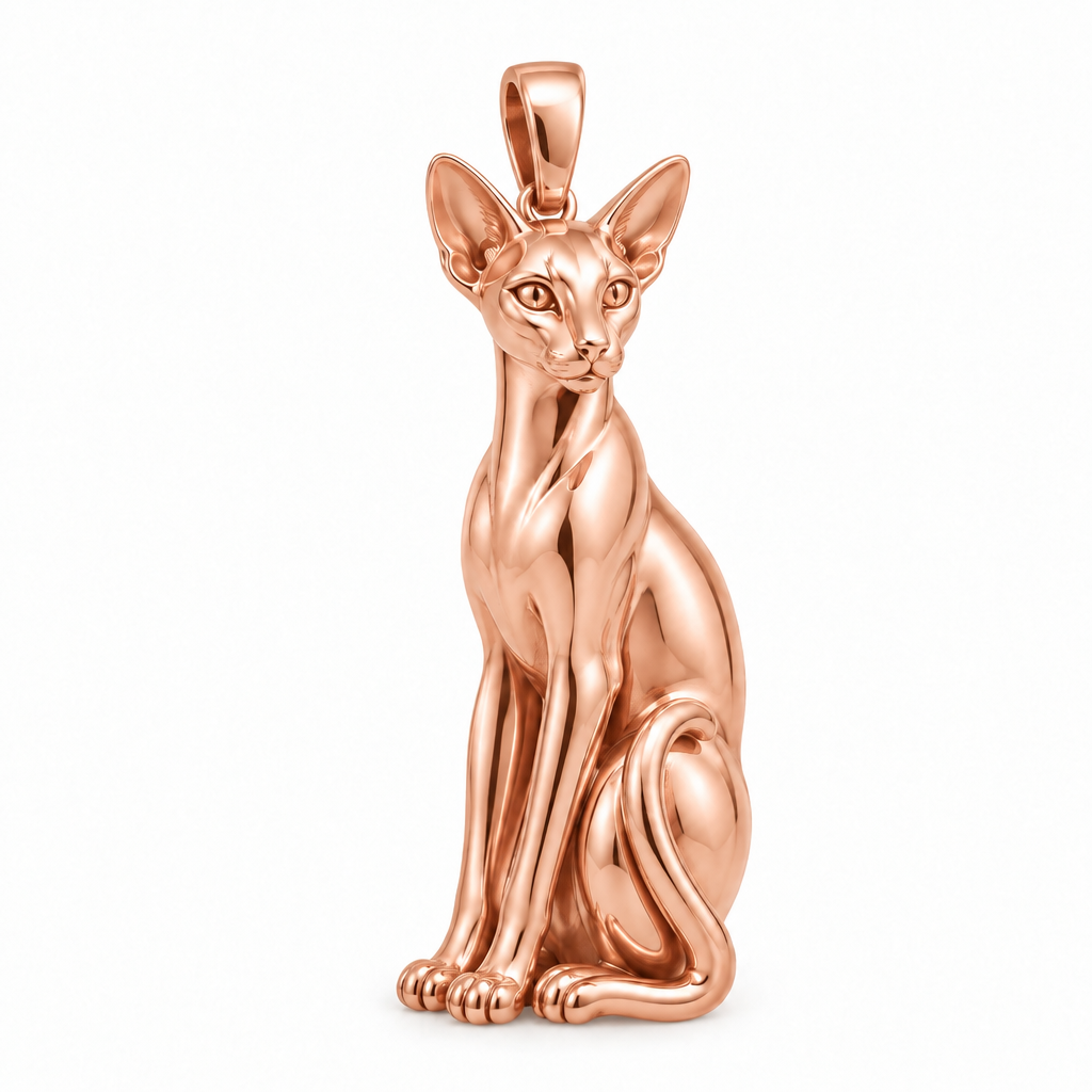 Siamese cat pendant design render in high-polish rose gold on white; pendant only.