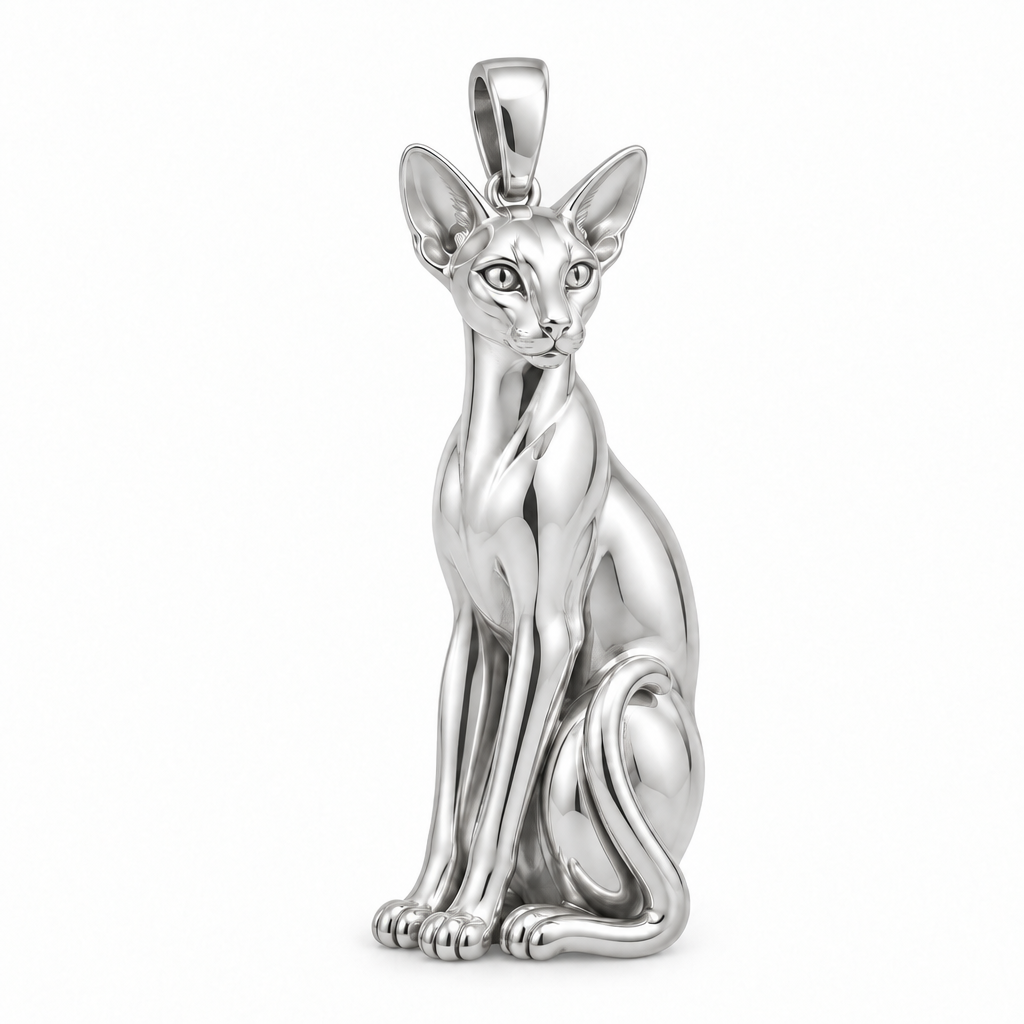 Siamese cat pendant design render in high-polish white gold on white; pendant only.
