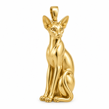 Siamese cat pendant design render in high-polish yellow gold on white; pendant only.