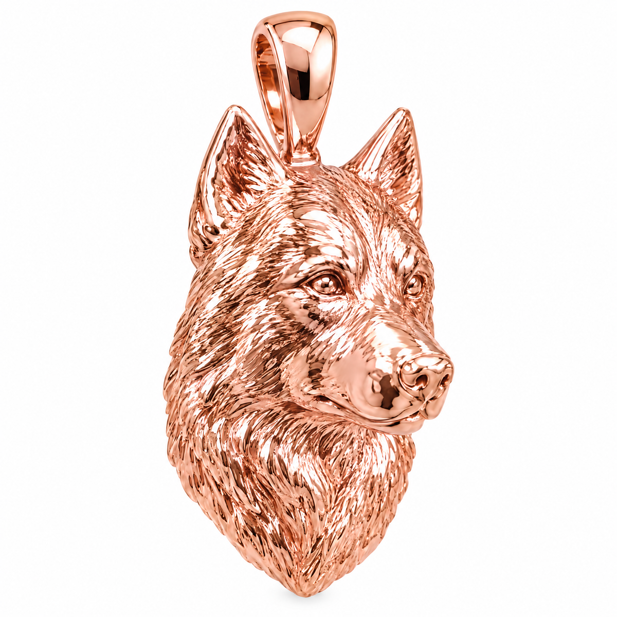 Siberian Husky high-polish rose gold dog pendant, product render on white.