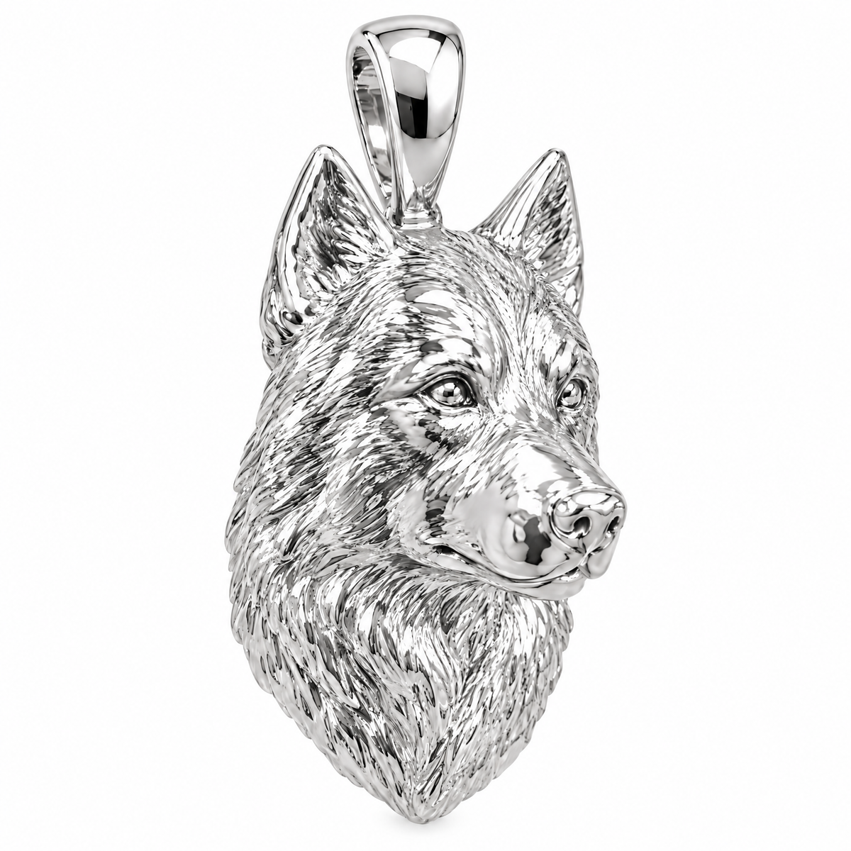 Siberian Husky high-polish white gold dog pendant, product render on white.