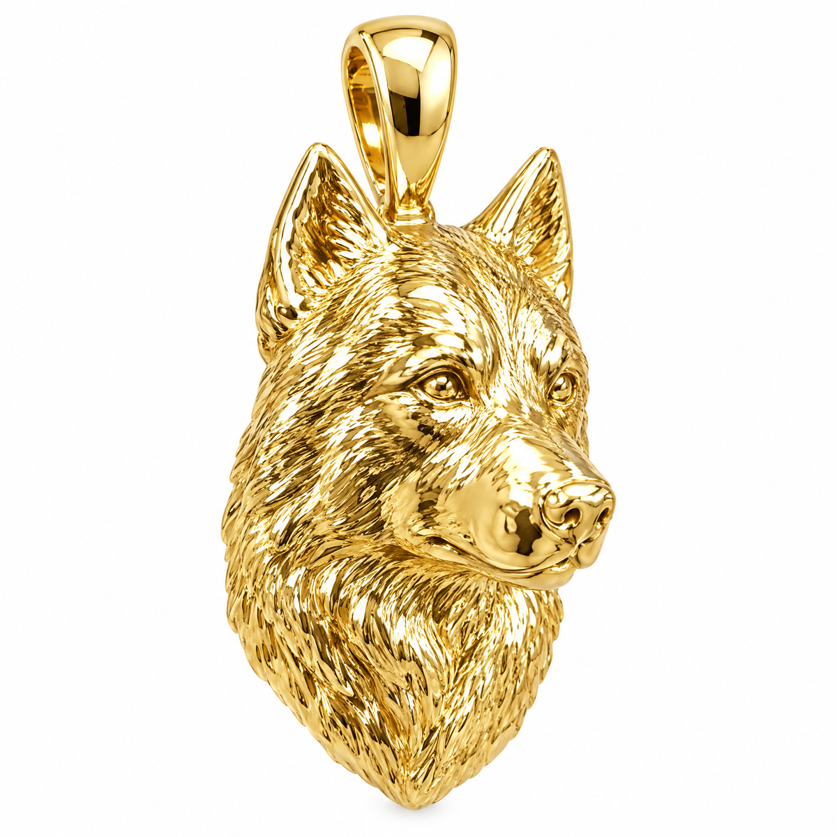 Siberian Husky high-polish yellow gold dog pendant, product render on white.