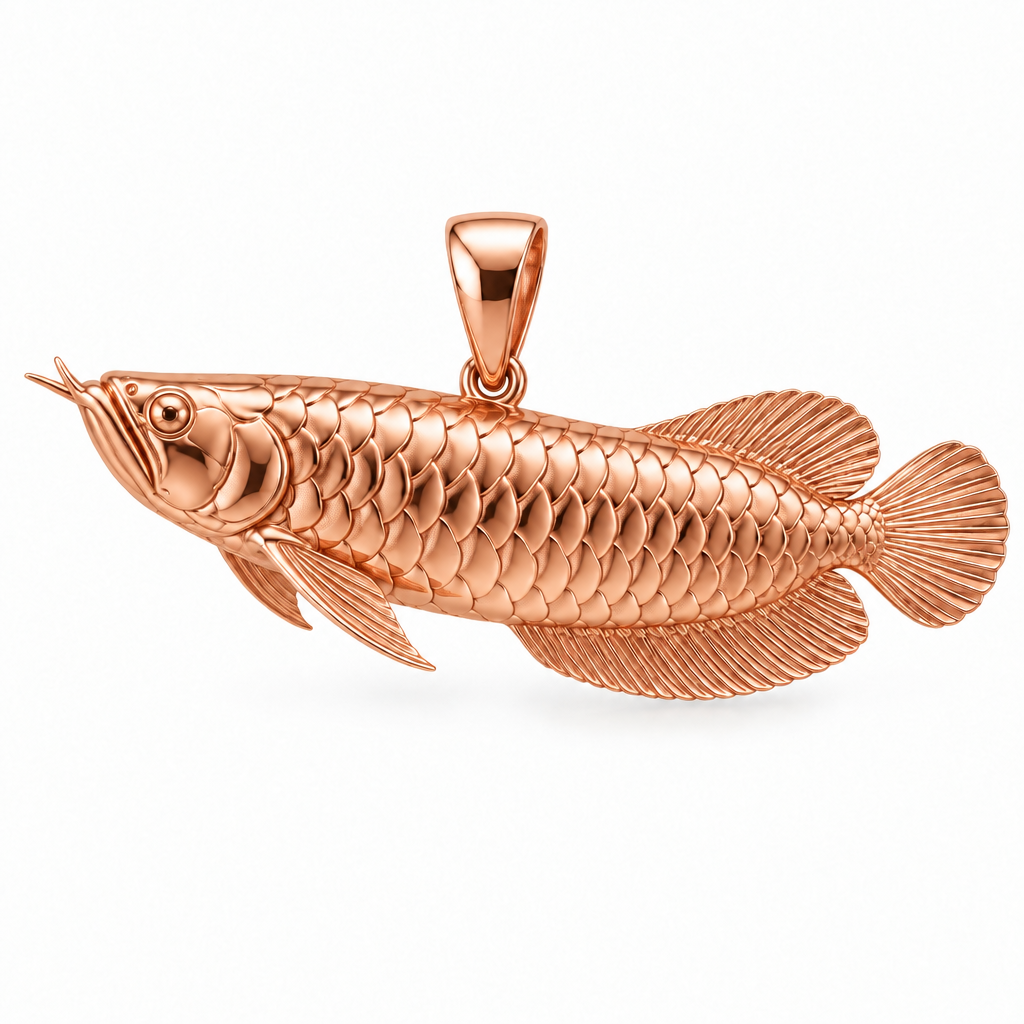 Silver arowana species pendant design render in high-polish rose gold on white; pendant only.