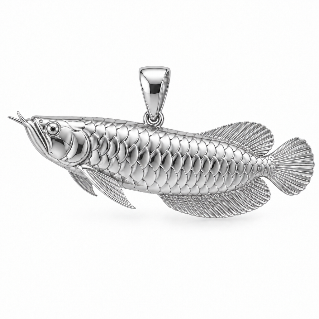 Silver arowana species pendant design render in high-polish white gold on white; pendant only.