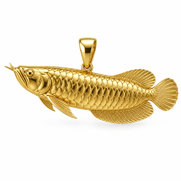 Silver arowana species pendant rendered entirely in high-polish yellow gold on white; pendant only.