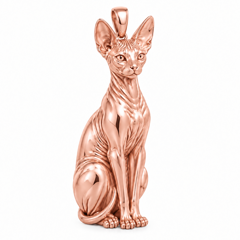 Sphynx cat pendant design render in high-polish rose gold on white; pendant only.
