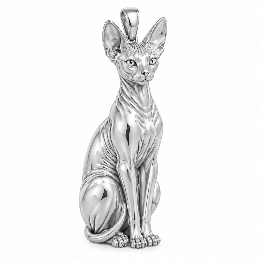 Sphynx cat pendant design render in high-polish white gold on white; pendant only.