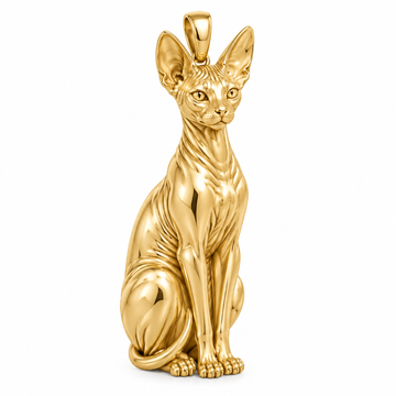 Sphynx cat pendant design render in polished yellow gold; pendant only.