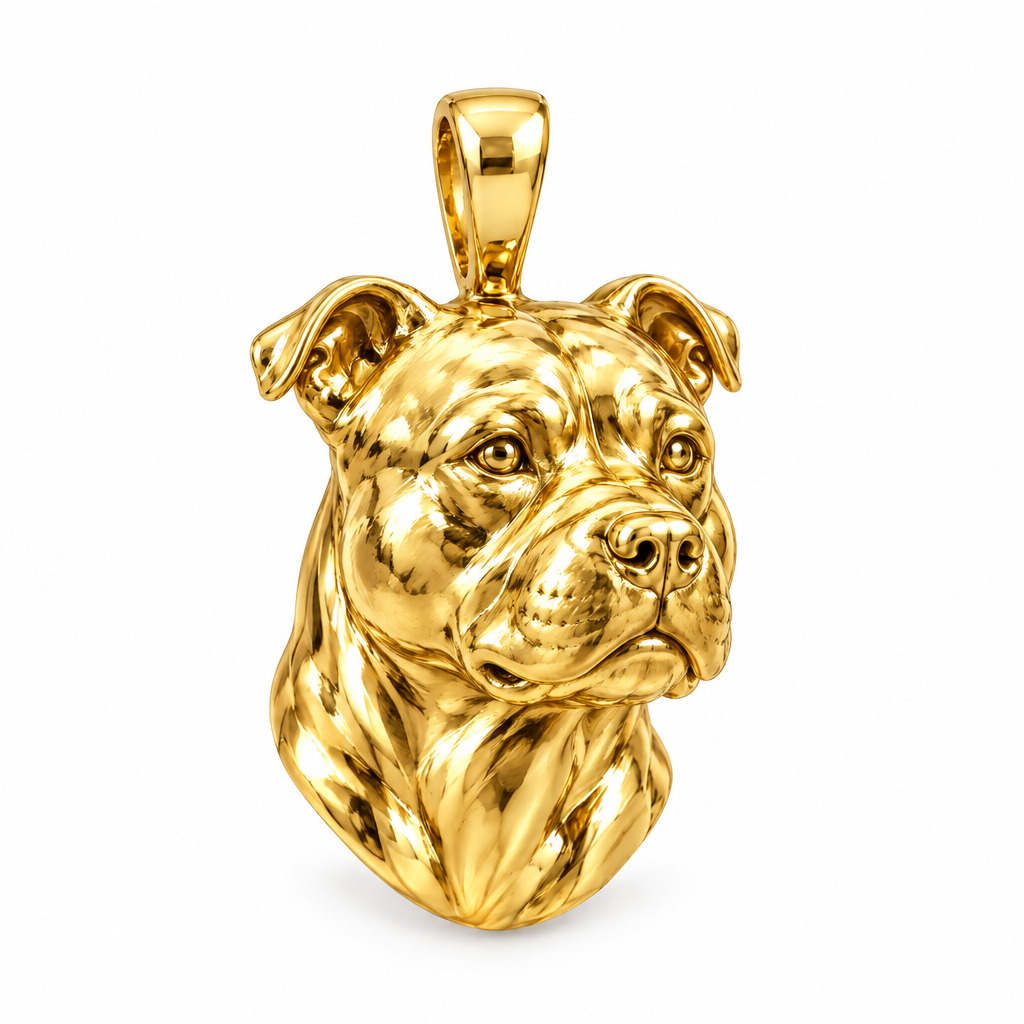 Staffordshire Bull Terrier high-polish yellow gold dog pendant, design render on white; pendant only.