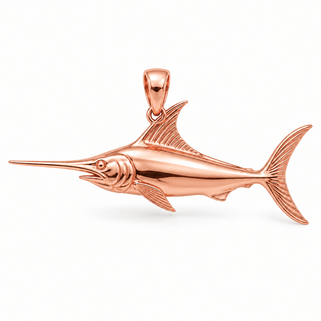Swordfish pendant design render in high-polish rose gold on white; pendant only.