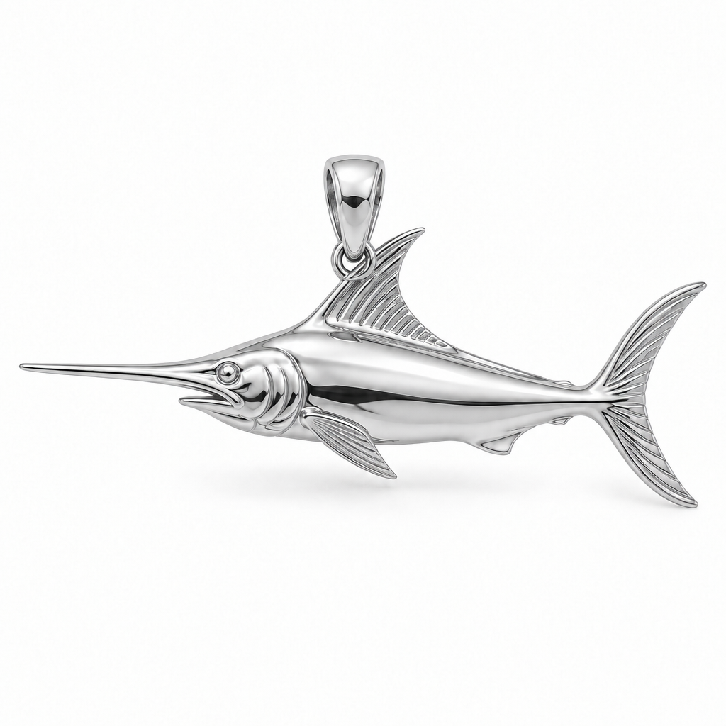 Swordfish pendant design render in high-polish white gold on white; pendant only.
