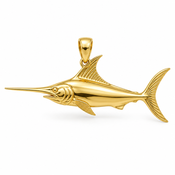 Swordfish pendant design render in high-polish yellow gold on white; pendant only.