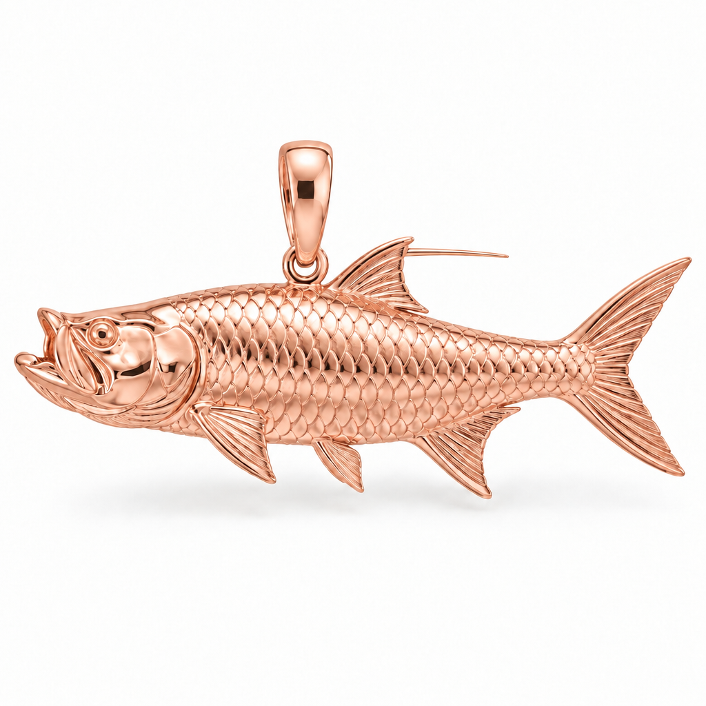 Tarpon pendant design render in high-polish rose gold on white; pendant only.