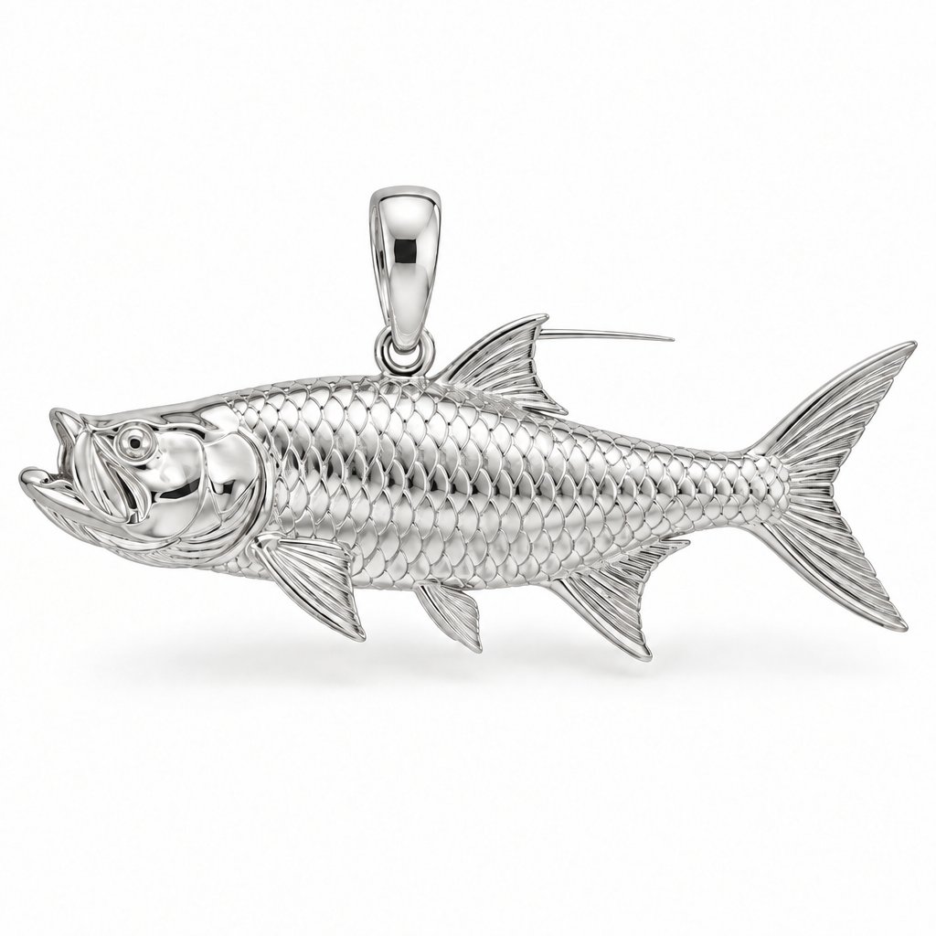 Tarpon pendant design render in high-polish white gold on white; pendant only.