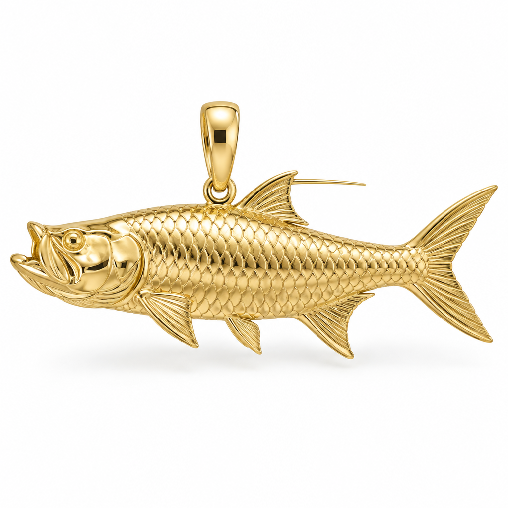 Tarpon pendant design render in polished yellow gold; pendant only.