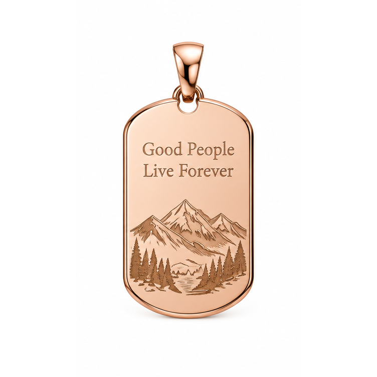 Their Journey Lives On mountain and pine tree memorial dog-tag pendant in rose gold; illustrative render, pendant only.