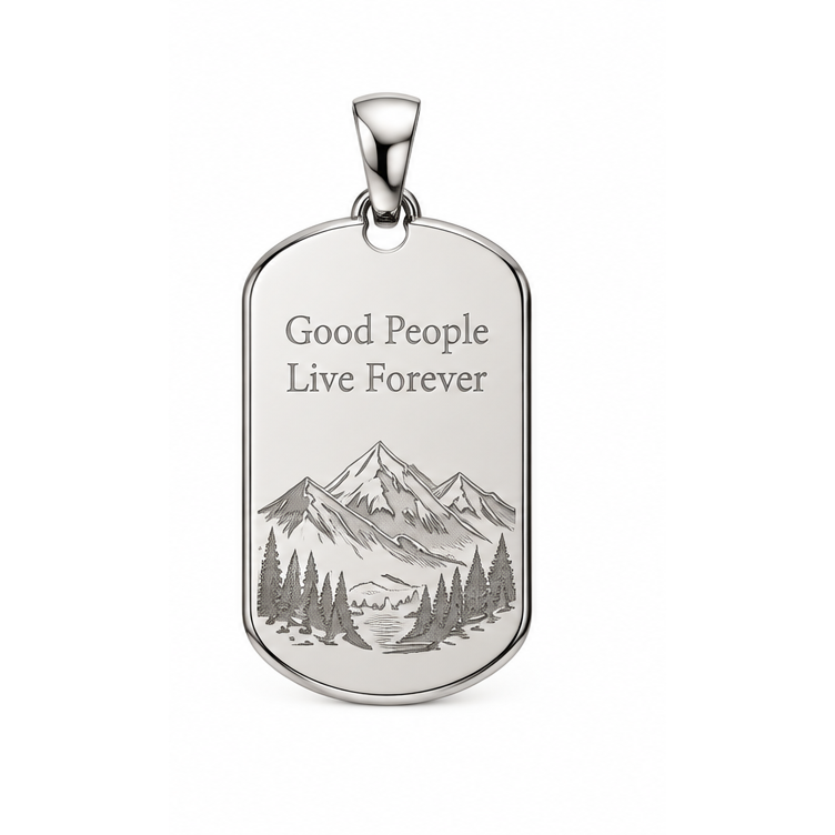 Their Journey Lives On mountain and pine tree memorial dog-tag pendant in white gold; illustrative render, pendant only.