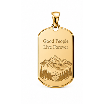 Their Journey Lives On mountain and pine tree memorial dog-tag pendant in yellow gold; illustrative render, pendant only.