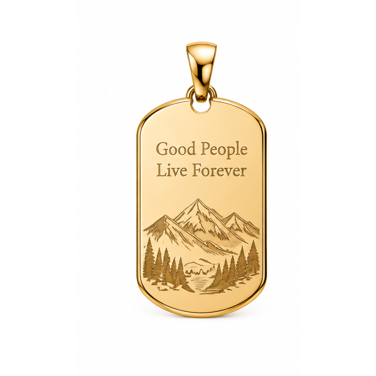 Their Journey Lives On mountain and pine tree memorial dog-tag pendant in yellow gold; illustrative render, pendant only.