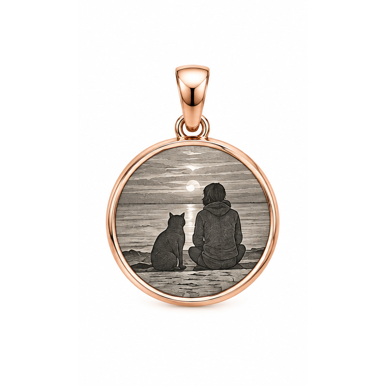 Together Always round silhouette memorial pendant in rose gold with sample person-and-cat artwork; illustrative render.