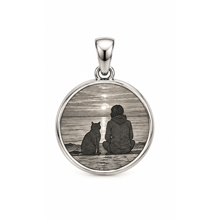 Together Always round silhouette memorial pendant in white gold with sample person-and-cat artwork; illustrative render.