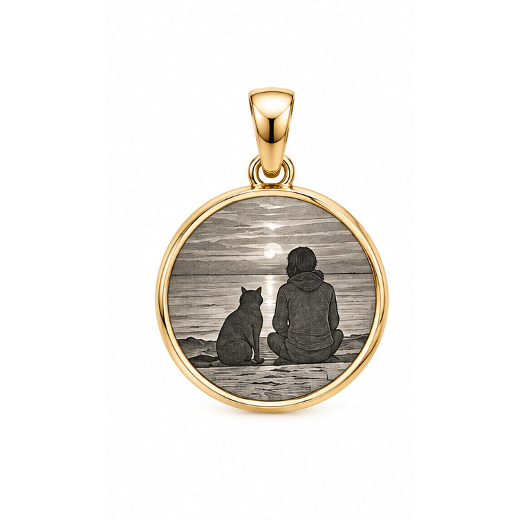 Together Always round silhouette memorial pendant in yellow gold with sample person-and-cat artwork; illustrative render.