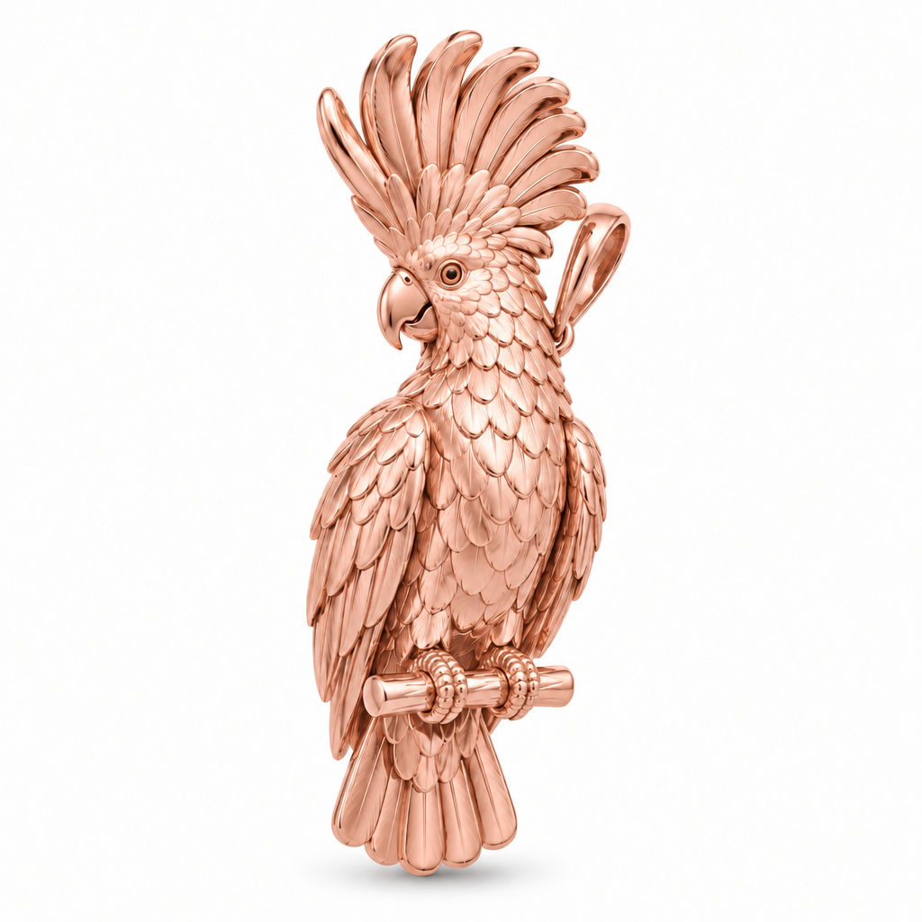 Umbrella cockatoo pendant design render in high-polish rose gold on white; pendant only.