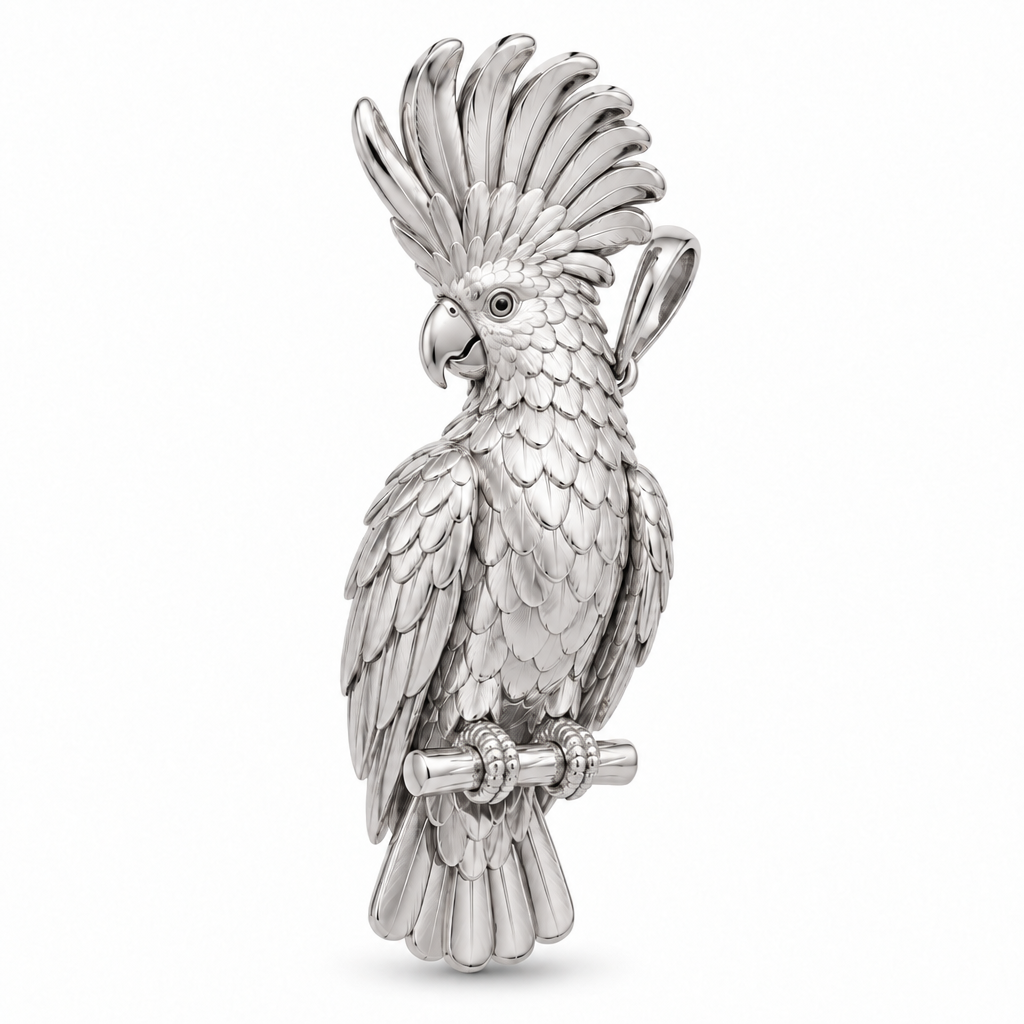 Umbrella cockatoo pendant design render in high-polish white gold on white; pendant only.