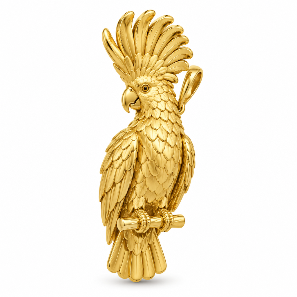 Umbrella cockatoo pendant design render in polished yellow gold; pendant only.