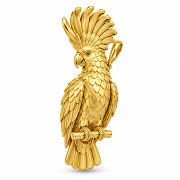 Umbrella cockatoo pendant design render in polished yellow gold; pendant only.