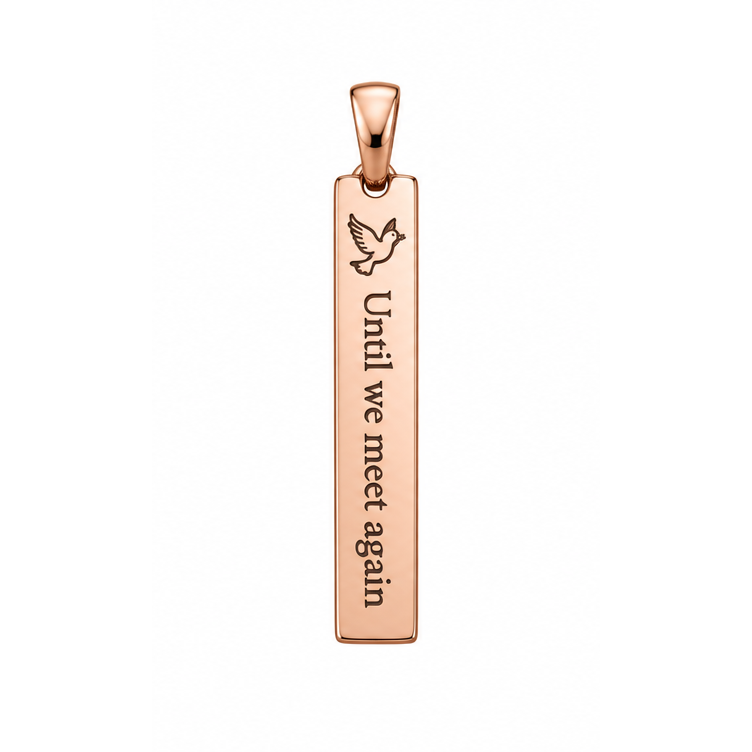 Until We Meet Again engraved dove and bar pendant in rose gold; illustrative render, pendant only.