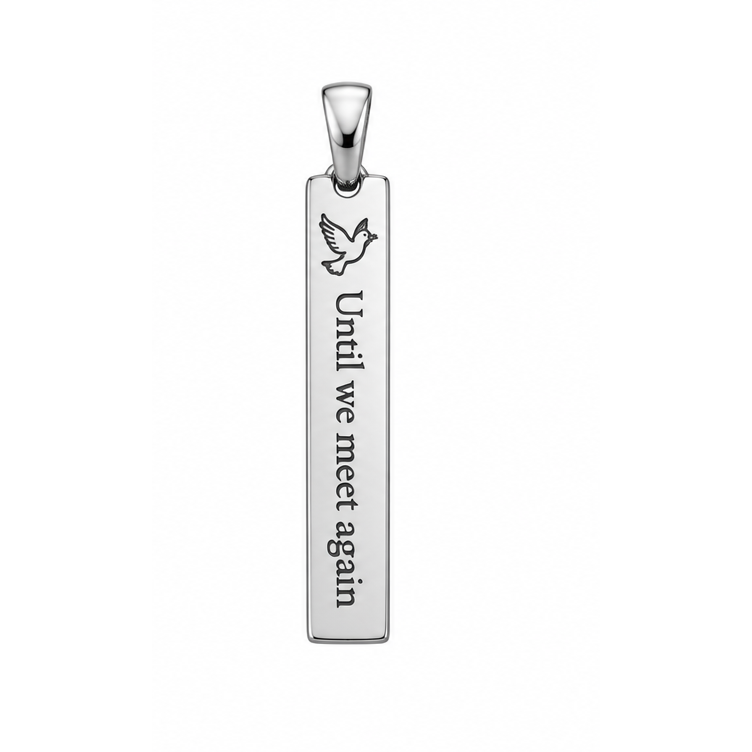 Until We Meet Again engraved dove and bar pendant in white gold; illustrative render, pendant only.