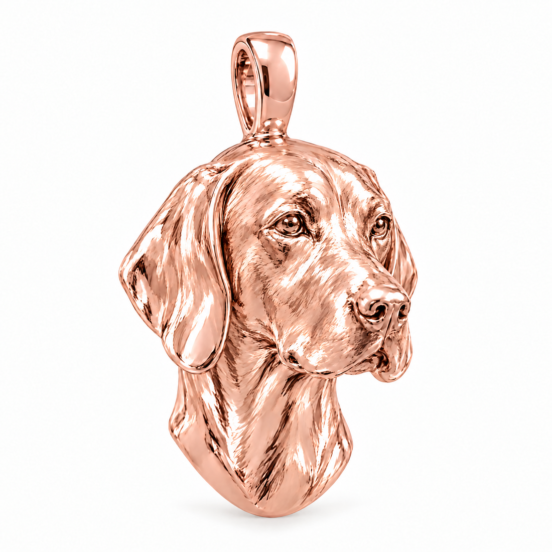 Vizsla high-polish rose gold dog pendant, design render on white; chain not included.