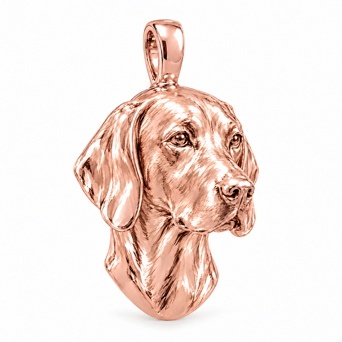 Vizsla high-polish rose gold dog pendant, design render on white; chain not included.