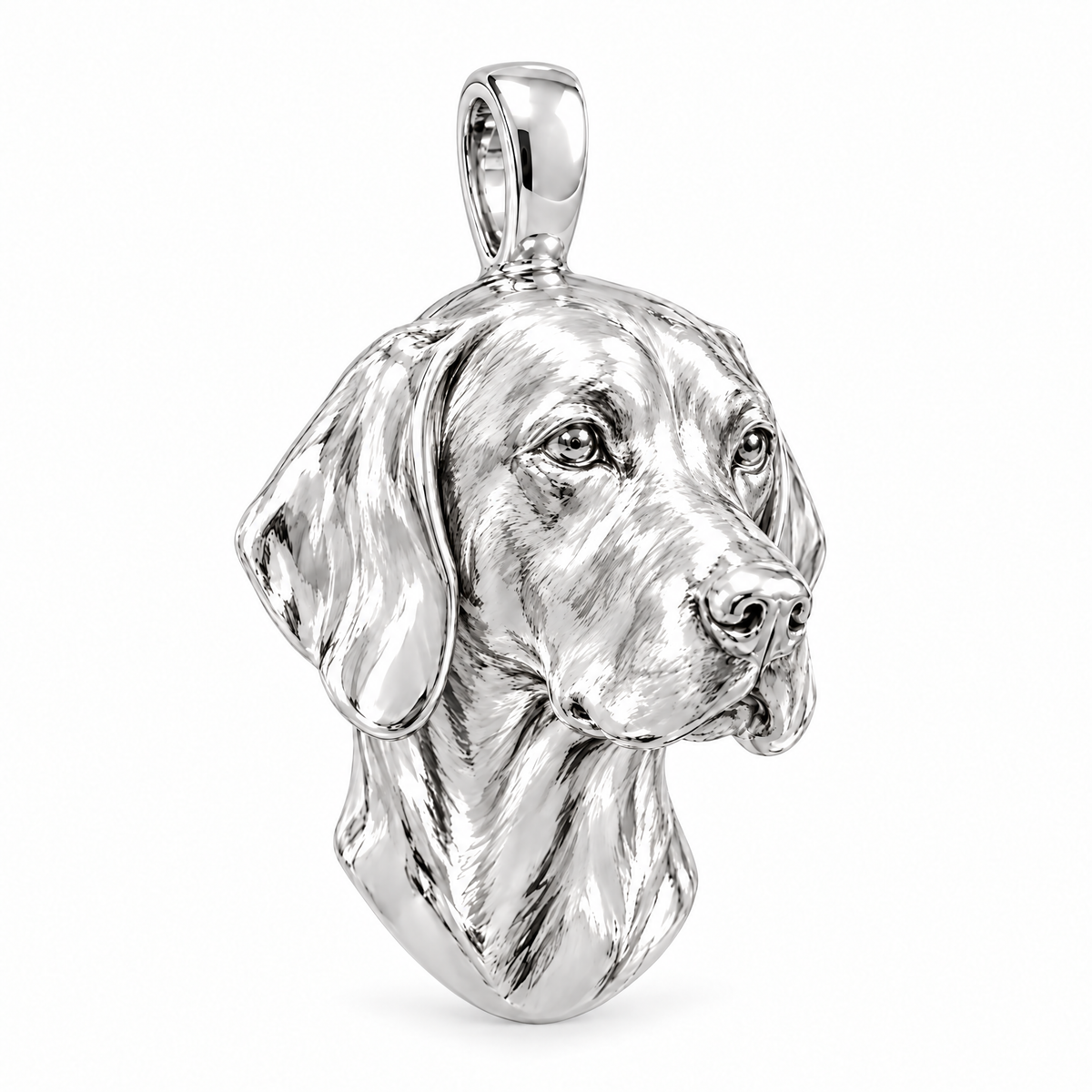 Vizsla high-polish white gold dog pendant, design render on white; chain not included.