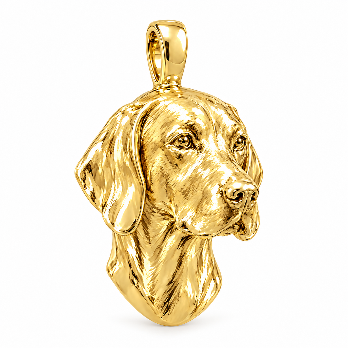 Vizsla high-polish yellow gold dog pendant, design render on white; chain not included.