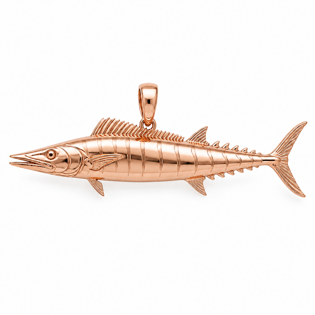 Wahoo pendant design render in high-polish rose gold on white; pendant only.