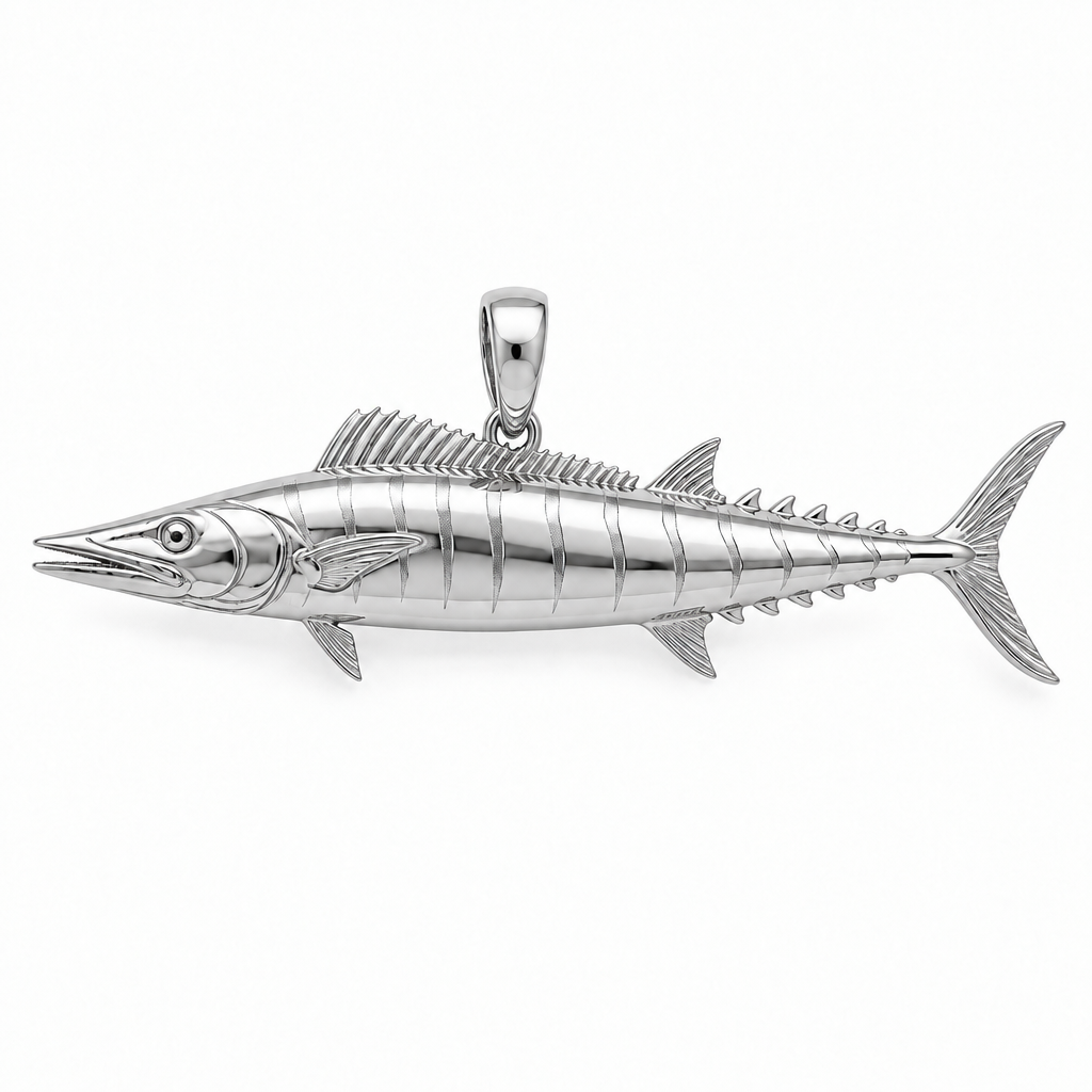 Wahoo pendant design render in high-polish white gold on white; pendant only.