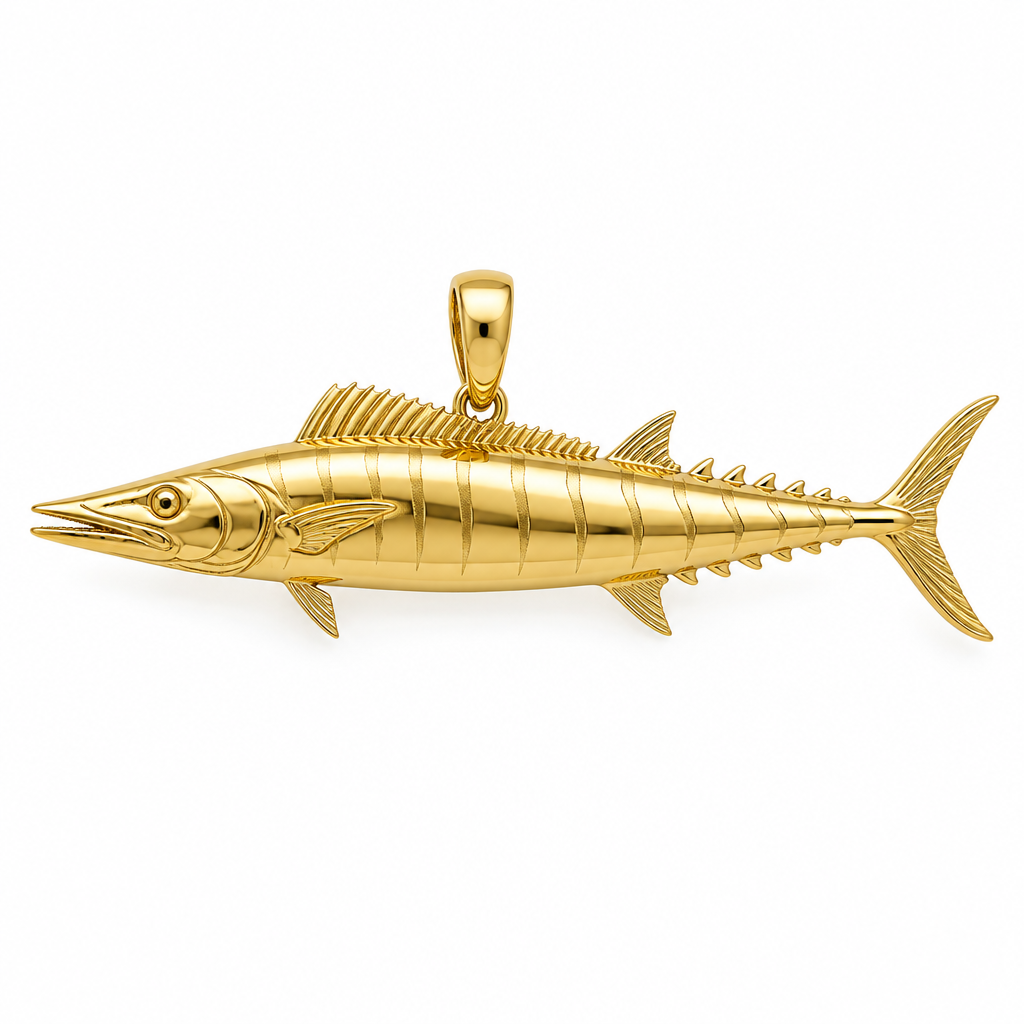 Wahoo pendant design render in polished yellow gold; pendant only.