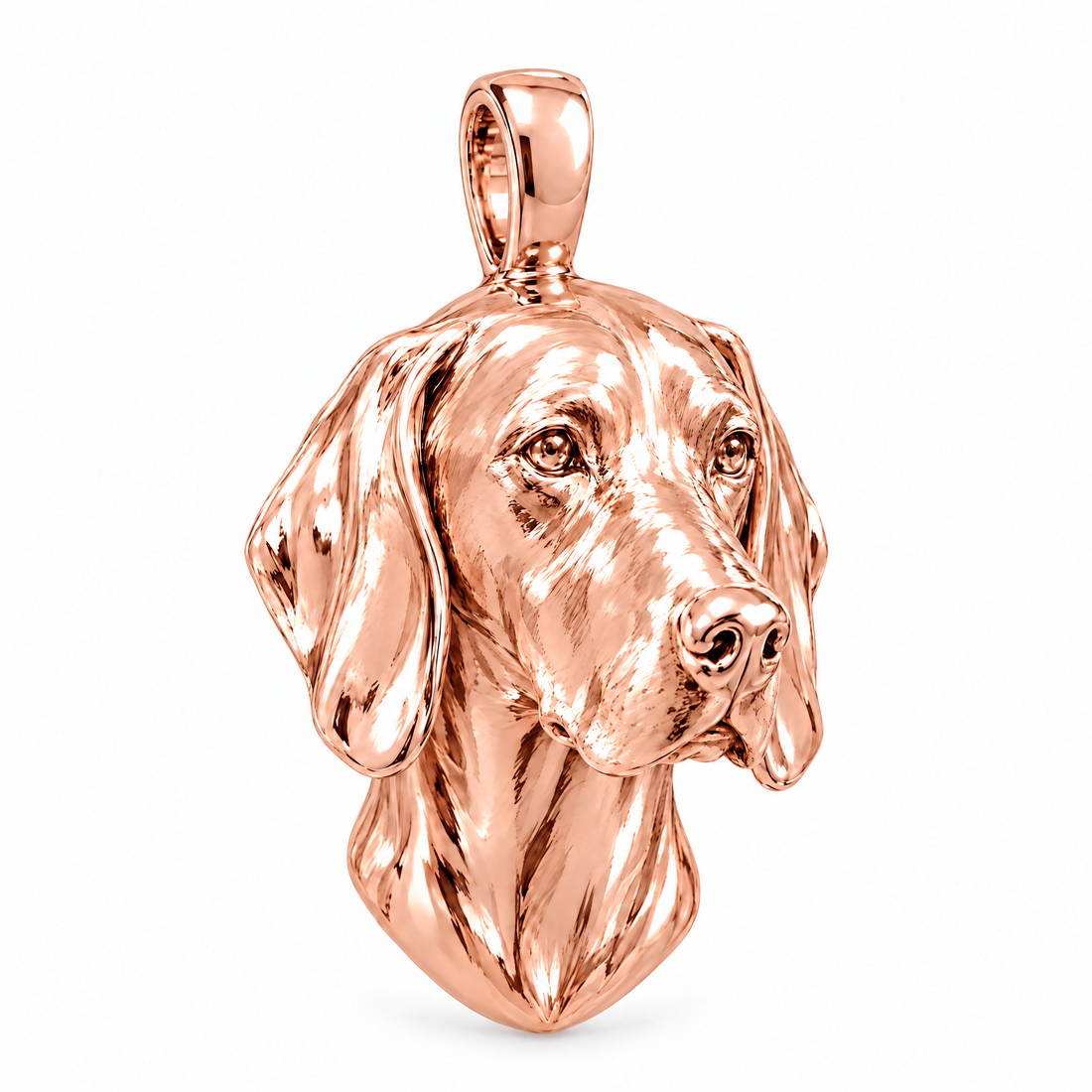 Weimaraner high-polish rose gold dog pendant, design render on white; chain not included.