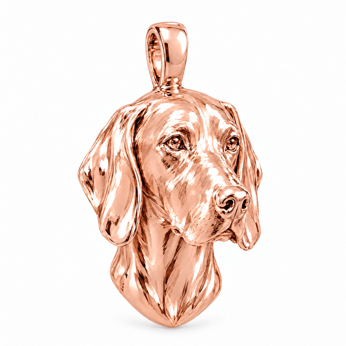 Weimaraner high-polish rose gold dog pendant, design render on white; chain not included.